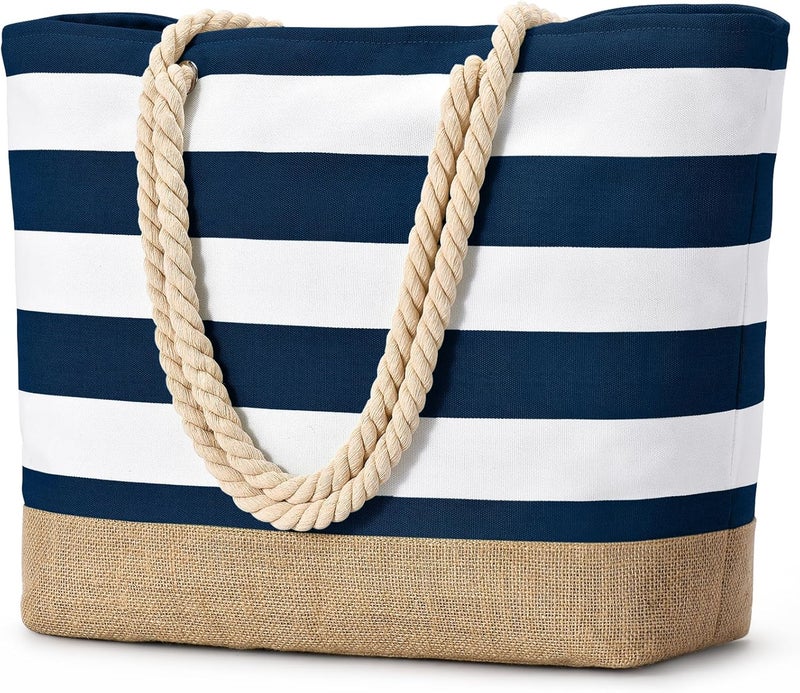 Becokan Beach Bags for Women Large Canvas Beach Tote Bag Beach Bags Waterproof Sandproof Swim Pool Bag Travel Essentials - Image 1